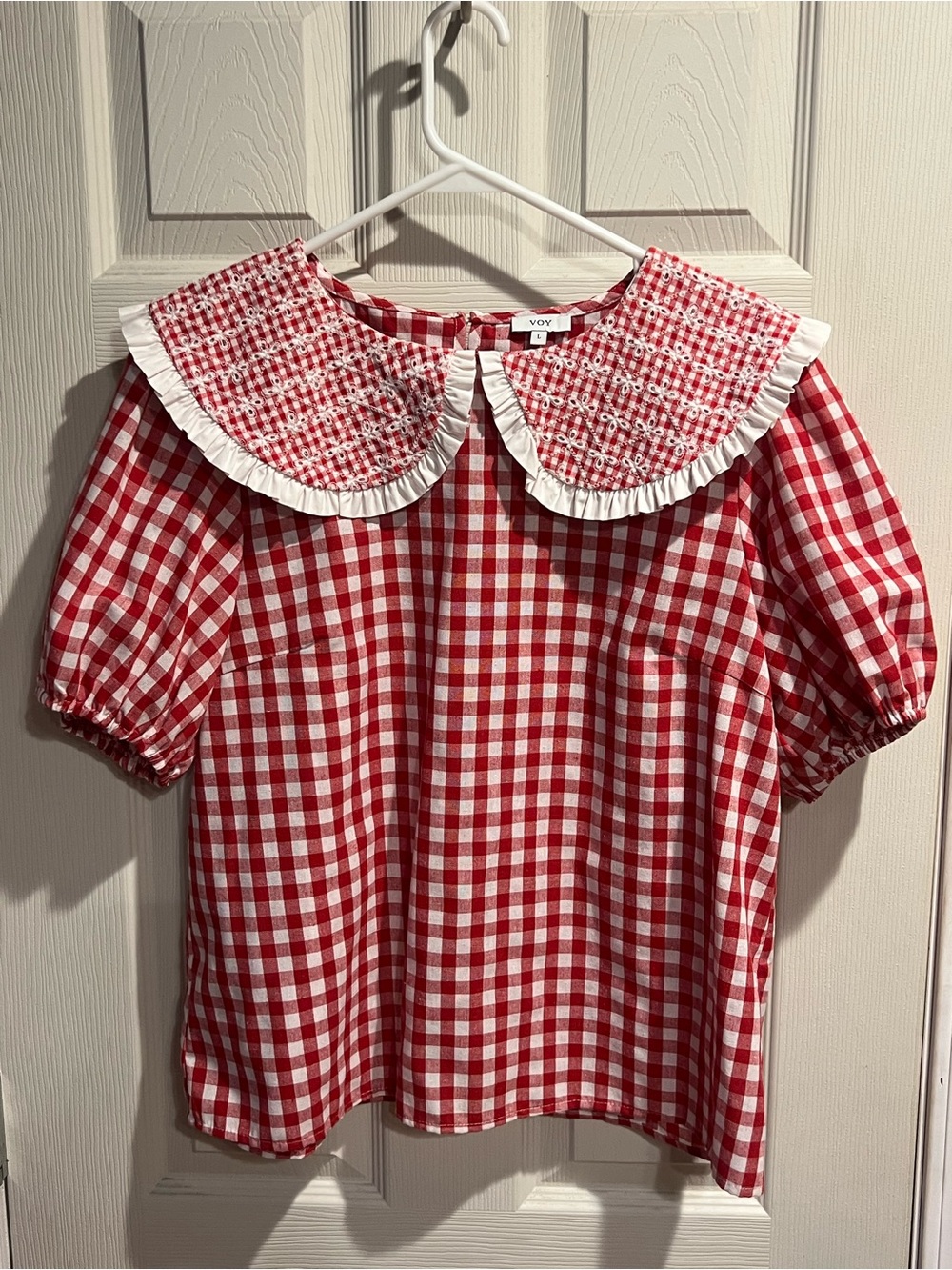 VOY Red Gingham Puff-Sleeve Blouse with Peter Pan Collar